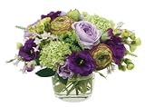 FAB Flowers Sterling Roses, Purple Lisianthus, Fresh Green Hydrangea, Wine Ranunculus, Glass Bowl, 16 Inches Length x 11 Inches High