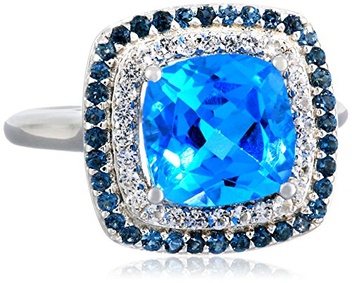 Sterling Silver Swiss Blue Topaz, London Blue Topaz, and Created White Sapphire Ring, Size 7