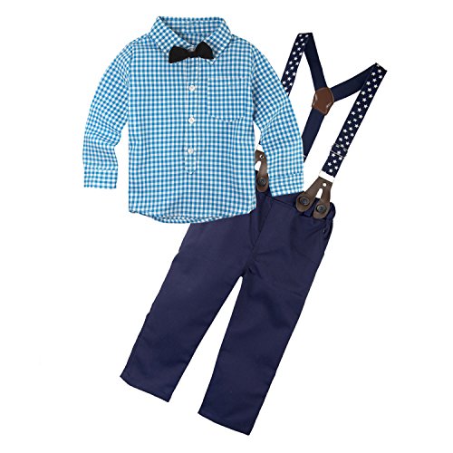 Big Elephant 2 Pieces Baby Boys Long Sleeve Plaid Shirt Overalls Set with Bow E8