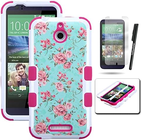 HTC Desire 510 Case, Luckyphone (TM) For HTC Desire 510 TUFF Phone Cover Protector Dual Layer Armor Case + Premium Screen Proector + Touch Screen Stylus Pen (Teal Flowers / Pink Tuff)