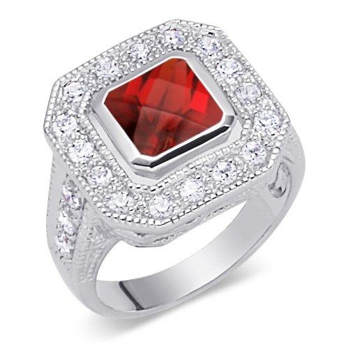 Trendy 2.00 carats total weight Princess Cut Checker Board Garnet & White CZ Size 7 Gemstone Ring in Sterling Silver