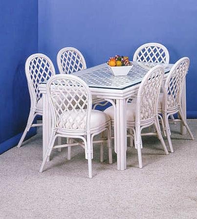 Biscayne 7 Piece White Wicker Dining Room Set with 36' x 60' Rectangle Bevel Glass