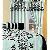 2 Panel Aqua Blue and Black Floral Window Curtain Drape Set with Valance-treatment... by Chezmoi Collection