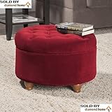 Traditional Classic Round Ottoman Burgundy with Tufted Button Lid Top, Storage Space, Rich Deep Berry Ruby Red, Round Footstool