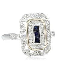 S&G Sterling Silver and 14k Yellow Gold, Blue Sapphire, and Diamond-Accent Art Deco-Style Ring (0.12 cttw, I-J Color, I3 Clarity)