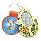 Holly Land Genuine Gemstones Amulet Travelers Prayer Protection Powers Flower Hamsa Hand Natural Wooden Keychain Lucky Charm