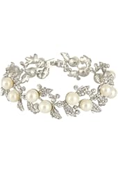 EVER FAITH&reg; Bridal Silver-Tone Simulated Pearl Flower Leaf Clear Austrian Crystal Bracelet