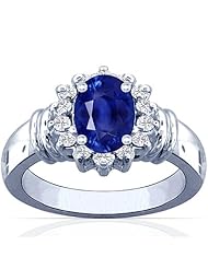 18K White Gold Oval Cut Blue Sapphire Ring With Sidestones