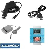 Flip Rapid Home Travel Charger + Rapid Car Charger + Durable Clear Reusable Upper and Bottom LCD Screen Protector + USB Data Cable for Nintendo DSI NDSI