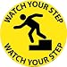 NMC WFS1 Walk On Floor Sign with Graphic, "WATCH YOUR STEP", 17" Diameter, Pressure Sensitive Vinyl, Black On Yellow