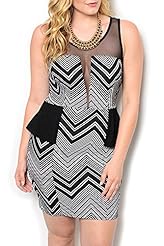 Plus Size Chevron Print Peplum Sheer Mesh Polyester/Spandex  Dress