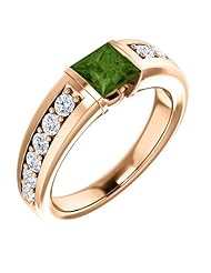 18K Rose Gold 5.00x5.00mm Princess Cut Green Tourmaline and Diamond Ring -- LIFETIME WARRANTY
