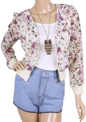 Lady Floral Prints Padded Shoulder Zip Up Long Sleeve Cropped Jacket