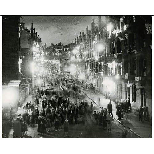 Rolland Street Maryhill Glasgow June 1953 Coronation illuminations decorations crowds in street 