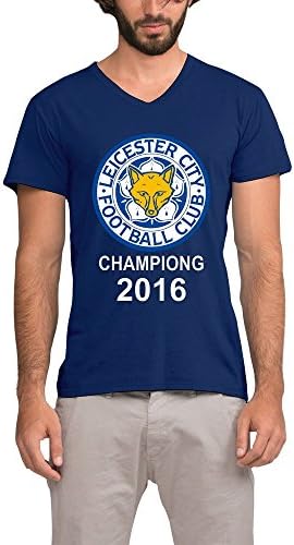 CHAOHan Men's Leicester City 2016 Premier League Champions V-Neck T-Shirt Navy XXL