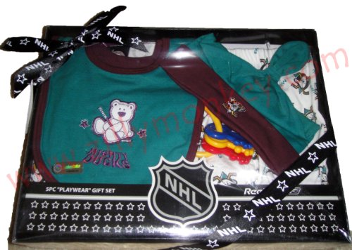 NHL Anaheim Mighty Ducks 5 Pc Baby Infant Playwear Gift Set - Creeper, Pants, Bib, Hat, Activity Keys