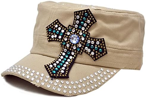 Double Cross Beads Multi Color Stone Fashion Bling Women's Fashion Cadet Cap Hat (Khaki)