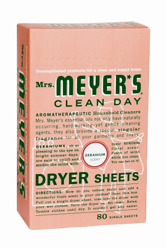 Mrs. Meyer's Clean Day Dryer Sheets, Geranium, 80-Count Boxes (Pack of 12)