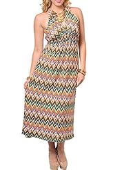 Plus Size Polyester Halter Chevron Print Open-Back Maxi Dress 