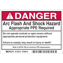 Brady 102310 5" Width x 3.5" Height, B-302 High Performance Polyester, Black and Red on White Arc Flash and Shock Label, Header "Danger"