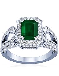 14K White Gold Emerald Cut Emerald Ring With Sidestones