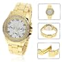 Mens Gold Tone Crystal Rhinestone Chronograph Look Watch with Metal Link Band