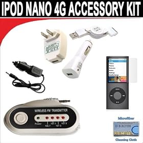 7 pc. Accessory kit for iPod Nano 4G. Includes 3-in-1 iPod charging kit (1000mAH) Car FM Transmitter w/power cable Reusable Pre-Cut Screen Protector and a DBROTH Microfiber Cleaning Cloth