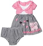 Youngland Baby-girls Infant Mock Cardigan Seersucker Dress With Applique And Diaper Cover, Pink/Black, 24 Months