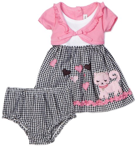 Youngland Baby-girls Newborn Short Sleeve Kitten Seersucker Dress With Diaper Cover, Pink/Black, 6-9 Months