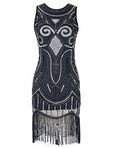 Emust Women's 1920s Gatsby Art Deco Sequined Embellishment Fringed Flapper Dress