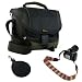 EveCase Black Large Digital SLR Camera and lens Pouch Nylon Case +Soft Multi-Color Classic Neck Strap Belt + 2pc Filters Pocket Bag with Clip for Canon XT XTi XS XSi T1i T2i T3i T3 T4i; Nikon D5200 D3200 D5100 D800 D4 COOLPIX L810; GE Power Pro X500