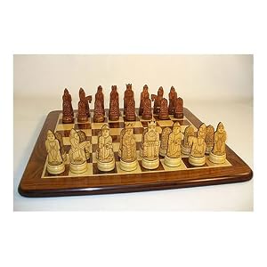 Isle of Lewis Etched Sheesham and Boxwood Chessmen with Sheesham and Maple Veneer Board by