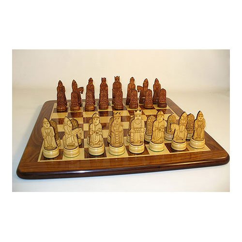 Isle of Lewis Etched Sheesham and Boxwood Chessmen with Sheesham and Maple Veneer Board
