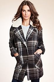 Indigo Collection Faux Fur Checked Coat with Wool