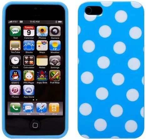 Apple iPhone 5 and 5s Polka Dot Light Blue and White Thin Flexible Soft Silicone TPU Case Shock Absorb Design Impact Protection Cover Quick Easy Install Snap On and Off Perfect Fit Slim Lightweight