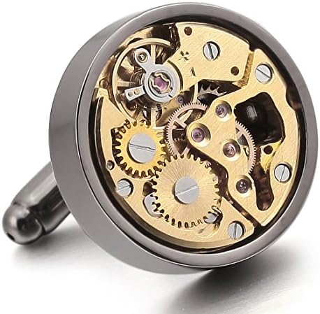 JBlue Jewelry Men's Rhodium Plated Cufflinks Black Gold Watch Movements ( Not Working ) Shirt Wedding Unique (with Gift Bag)