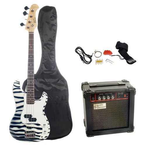 Austin Bazaar Zebra Stripes Electric Bass Pack with 15 Watt Amp