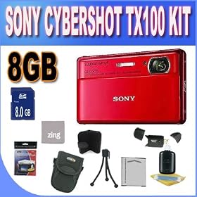 Sony Cyber-Shot DSC-TX100V 16.2 MP Exmor R CMOS Digital Still Camera with 3.5-inch OLED Touchscreen, 3D Sweep Panorama and Full HD 1080/60p Video (Red)+ 8GB SDHC Memory + Extra Extended Life Battery + SDHC Card Reader + Memory Card Wallet + Shock Proof Case w/Strap + MicroFiber Cleaning Cloth + Mini