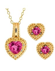 4.07 Ct Heart Shape Pink Mystic Topaz 14k Yellow Gold Pendant Earrings Set