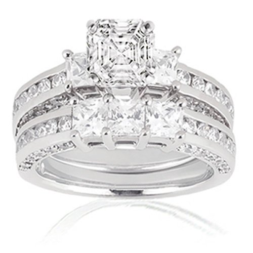 4 Ct Assscher Cut 3 Stone Diamond Bridal Rings Set VS2