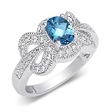 Glamourous 0.75 carat total weight Oval Shape Checker Board London Blue Topaz & White CZ Size 6 Gemstone Ring in Sterling Silver