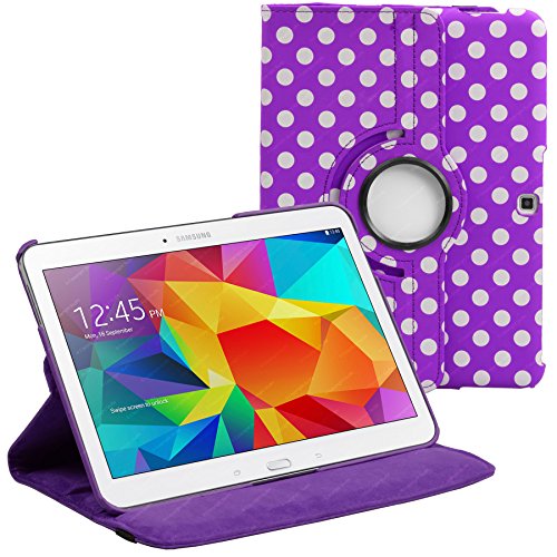 Purple & White Polka Dot Samsung Galaxy Tab 4 10.1" Case (T530/T531/T535) - Leather Smart Case with 360° Rotating Swivel Action for Portrait and Landscape Orientation with Free Screen Protector and Stylus Touch Pen by Stuff4®