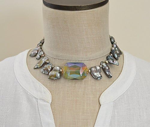 Sage green baroque pearl necklace with chunky glass "gem" bead Elegant statement jewelry for women