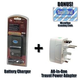 Replacement Battery Charger (Including Car Charger And All- In- One Universal World Wide Travel Charger Adapter Plug For US, UK, EU, AU) For The Canon PowerShot SD450, SD600, SD630, Digital Cameras + Exclusive FREE Complimentary Super Deal Micro Fiber Lens Cleaning Cloth