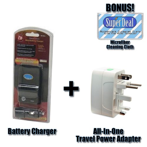Replacement Battery Charger (Including Car Charger And All- In- One Universal World Wide Travel Charger Adapter Plug For US, UK, EU, AU) For The Sony Cybershot DSC-T700 DSC-T77 DSC-T70 DSC-T500 DSC-T300 DSC-T200 DSC-T2 Digital Cameras + Exclusive FREE Complimentary Super Deal Micro Fiber Lens Cleaning Cloth