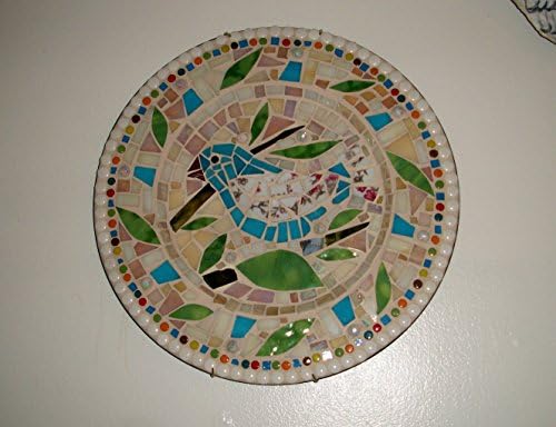 13" Mosaic Charger Plate with hanger,blue bird on limb,glass hand cut tiles,home decor,wall art,plaque,birds,nature,pastel