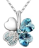 Kzafrance Collection "Fête des Mères" Collier Trèfle à Quatre Feuilles Porte-bonheur Cristal Swarovski et Chaîne en plaqué Or Blanc 18 Carats - Bleu Lagon