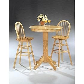 3pc Natural Finish Wood Pub Bar Table Windsor Swivel Stool Set by visiondecor Furniture