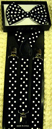 Unisex Fashion Adults Teens Teenagers Black with White Polka Dot Adjustable All Polyester Silk Bow Tie and Matching Adult Teens Teenagers Black with White Polka Dot Adjustable Suspenders Combo-new in Factory Pkg!
