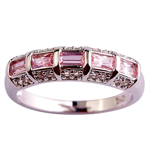 Psiroy 925 Sterling Silver Stunning Created Gorgeous Women's 2mm*4mm Emerald Cut Pink Topaz Filled Ring